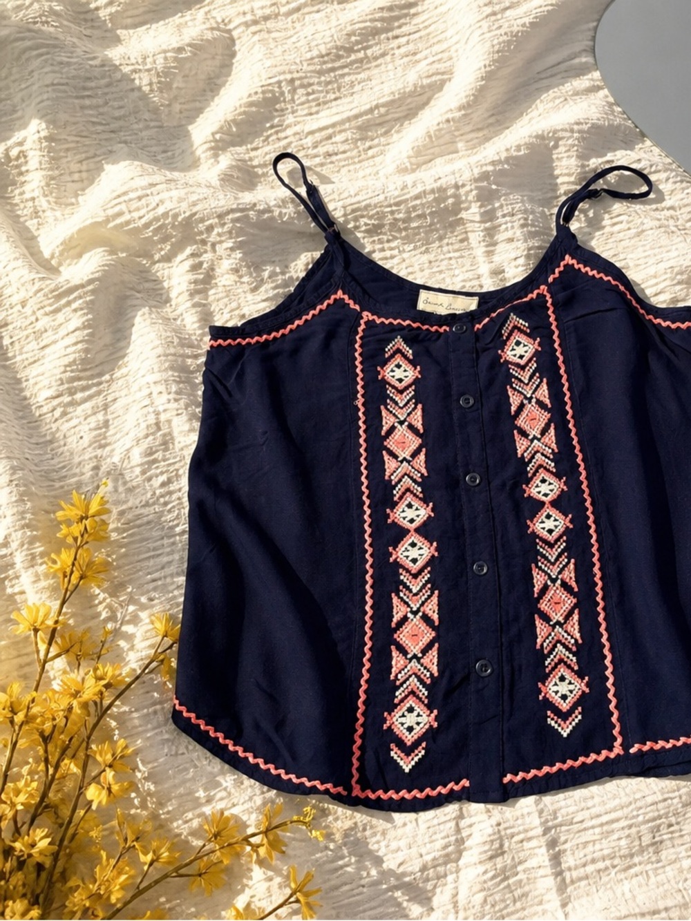 Sweet Tourney Navy Embroidered Button-Front Cami Top - Women